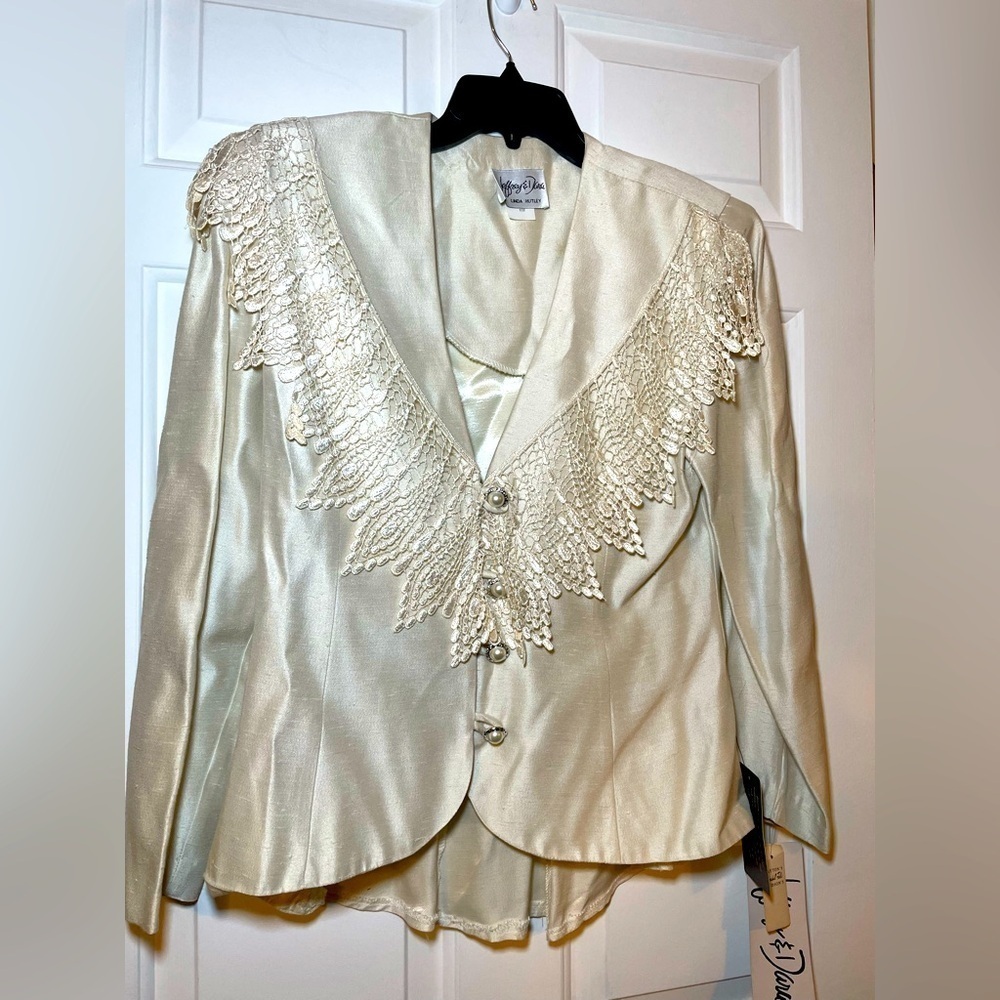 Jeffrey & Dana Vintage Champagne Lace Shawl Collared Button Up Jacket Size 9/10